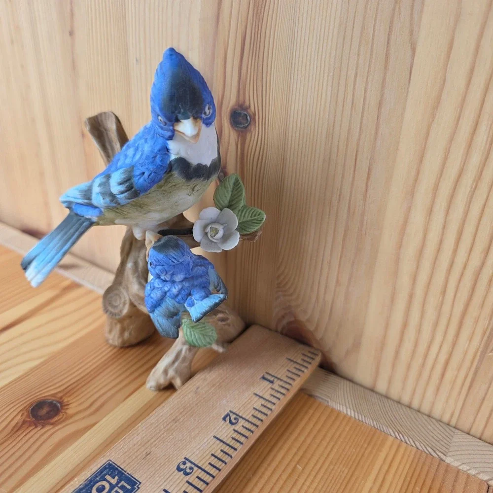 Vintage Porcelain Blue Jay and Fledgling Bird Figurine on Branch with Flower